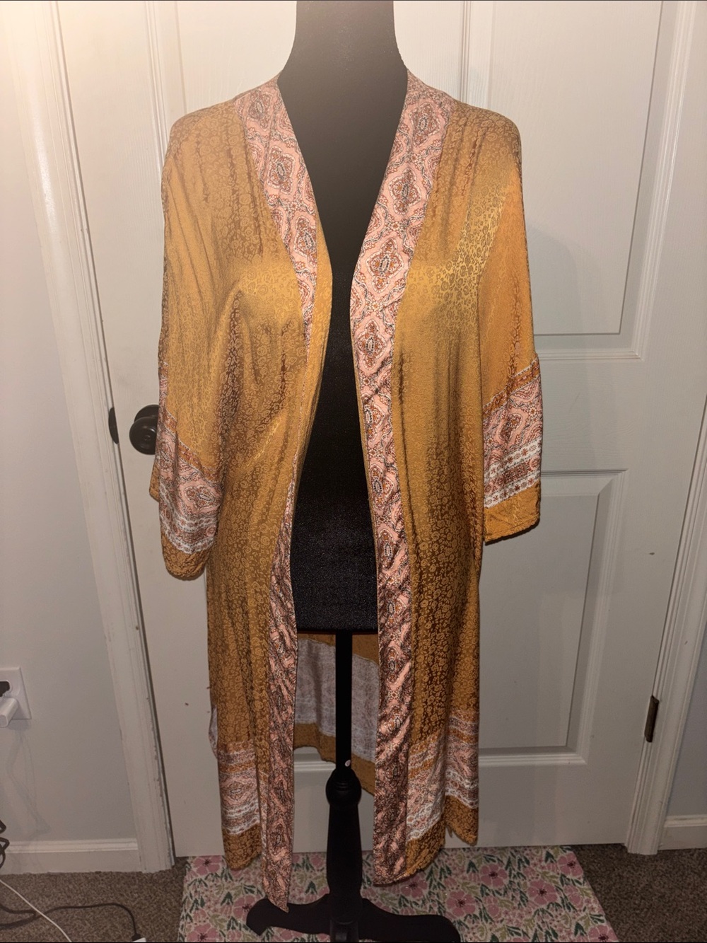 Mustard Yellow Printed Open-Front Kimono Jacket XS/S